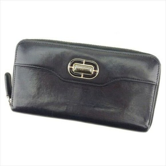 Bvlgari Wallet Purse Long Wallet Black leather Woman unisex Authentic Used T9251